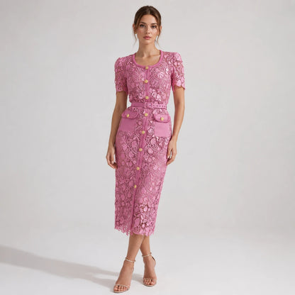 Robe midi en dentelle à manches courtes — Rose
