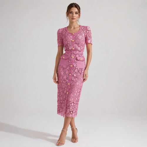 Robe midi en dentelle à manches courtes — Rose