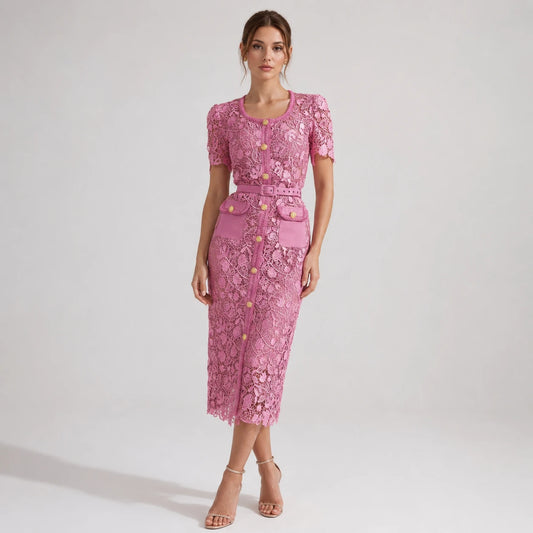 Robe midi en dentelle à manches courtes — Rose