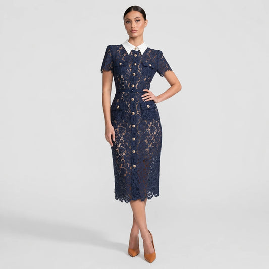 Robe midi en dentelle florale à col tailleur et taille ceinturée - Bleu marine
