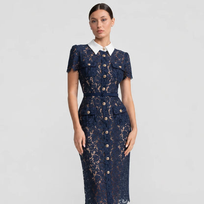 Robe midi en dentelle florale à col tailleur et taille ceinturée - Bleu marine
