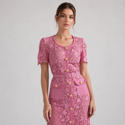 Robe midi en dentelle à manches courtes — Rose