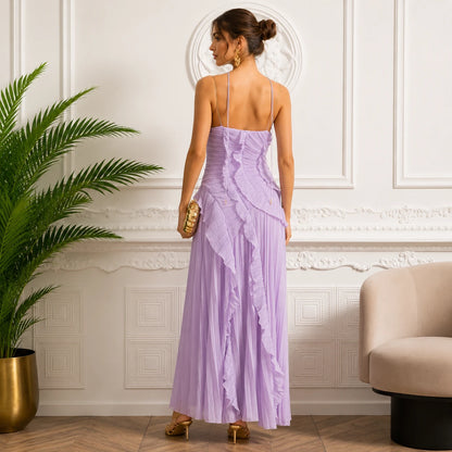 Robe midi plissée dos nu à volants fluides
