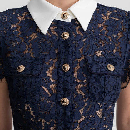 Robe midi en dentelle florale à col tailleur et taille ceinturée - Bleu marine