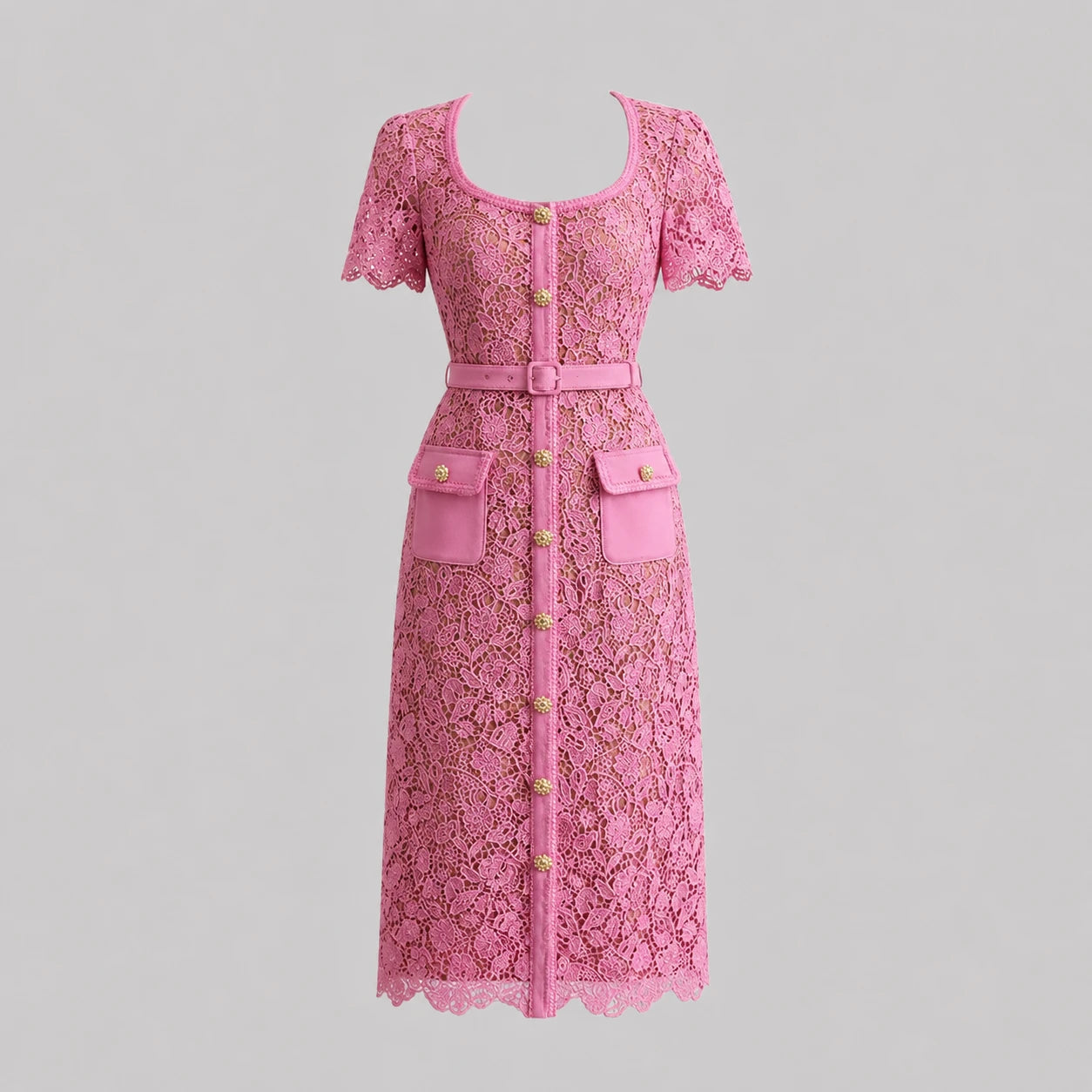 Robe midi en dentelle à manches courtes — Rose
