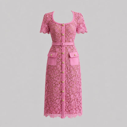 Robe midi en dentelle à manches courtes — Rose