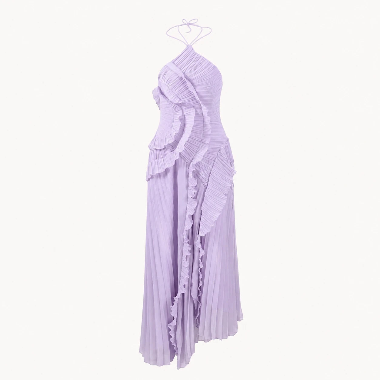 Robe midi plissée dos nu à volants fluides