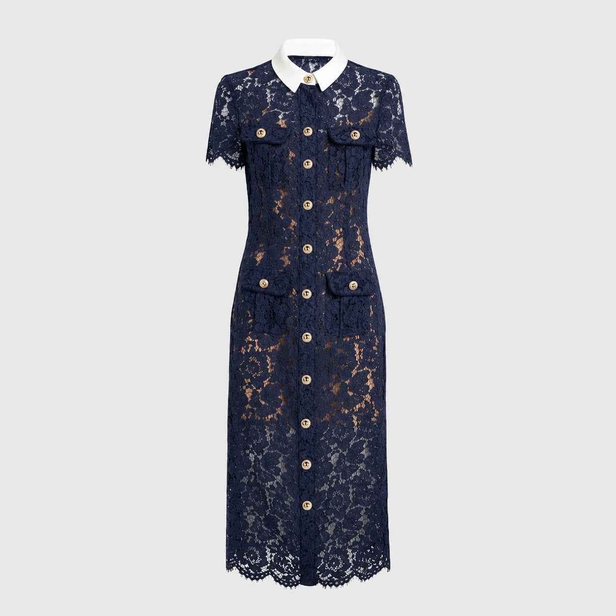 Robe midi en dentelle florale à col tailleur et taille ceinturée - Bleu marine