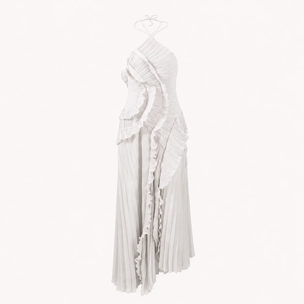 Robe midi plissée dos nu à volants fluides