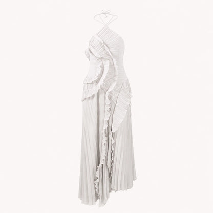 Robe midi plissée dos nu à volants fluides