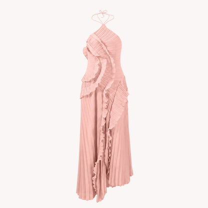 Robe midi plissée dos nu à volants fluides